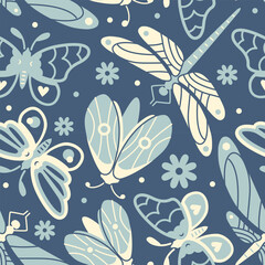 Calm blue color boho style vector seamless pattern. Mystery background with moths, dragonflies and butterflies. Limited palette seamless graphic for fabric, backdrop