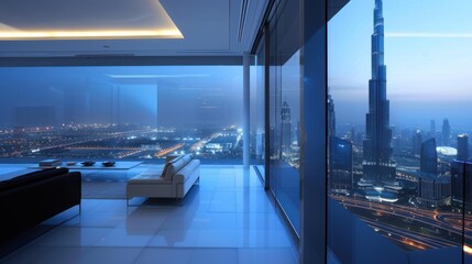 Design an ultra-modern luxury skyscraper with sleek, minimalist interiors, offering panoramic views...