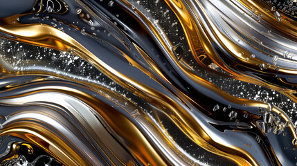 Artistic depiction of liquid gold and silver snaking through a sea of dark colors, creating a luxurious abstract pattern,