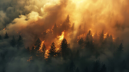 Visualization of the Earth's lungs, forests, gasping for air amidst dark clouds of smoke from wildfires,