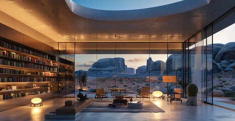 An office in the desert at night with a huge library and floor to ceiling windows. Generative AI.