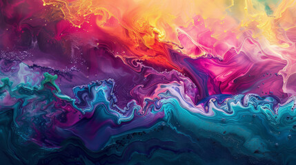 Waves and curls of paint forming an abstract seascape of vibrant hues,