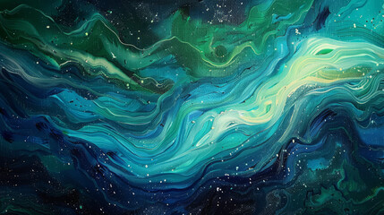 Fototapeta na wymiar Waves of paint simulating the aurora borealis in an abstract night sky,
