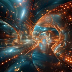 An abstract digital art piece depicting a glowing futuristic tunnel representing data flow and digital information streams. - 781835187