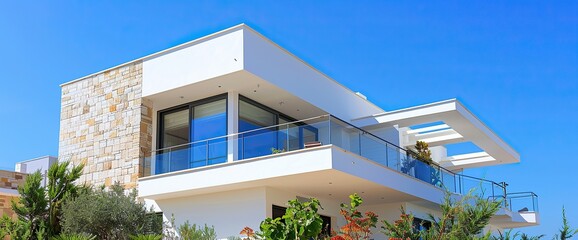 Modern newly constructed white stone house with a beautiful balcony and blue blue sky in the background - obrazy, fototapety, plakaty