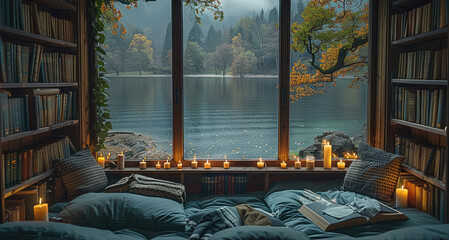 A cozy room with a window overlooking the lake, books and candle. Generative AI. - Powered by Adobe
