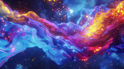 Animated sequence of neon paint droplets merging in slow motion, forming a luminous, swirling galaxy,