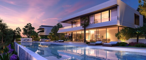 Modern new luxurious mansion exterior with swimming pool and colorful sky at dusk - obrazy, fototapety, plakaty