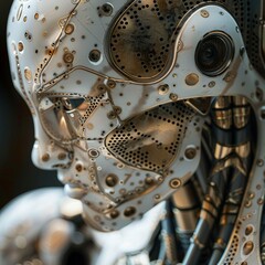 Detailed close-up of a steampunk-style cyborg head, showcasing intricate metal patterns and engineering precision. - 781835555