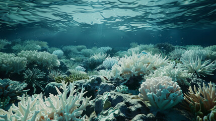 Naklejka na ściany i meble Animated sequence showing the gradual darkening of coral reefs, symbolizing the loss of marine biodiversity,