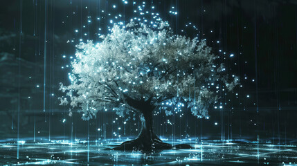 Animated sequence showing the flickering life of a digital tree, its code withering away,