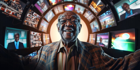 Naklejka premium African American adult surrounded with multiple TV screens with channels. Entertainment Trends. Streaming Revolution. Streaming Dominance. New Media Era addiction leisure activity concept
