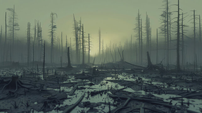 Animation depicting the zombification of ecosystems, once teeming with life, now dark shadows of their former selves,