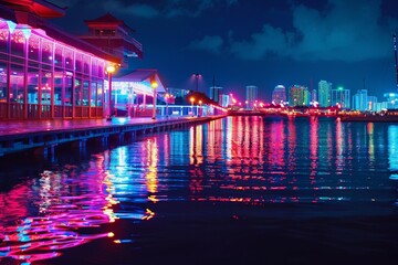 Quiet waterfront lit by neon lights with sparkling reflections