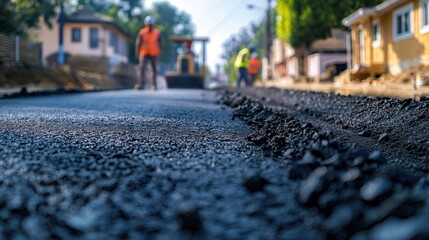 Obraz premium Revitalizing Roads Workers Lay New Asphalt Pavement in Residential Area