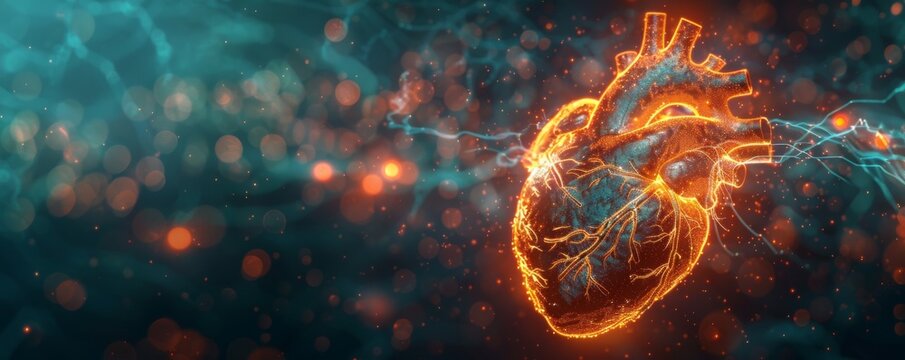 Digital Heart, silicon veins, electrical pulses, intricate patterns, technological marvel, 3D render, silhouette lighting, motion blur