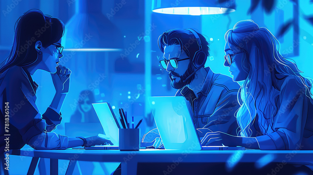 Poster a team of specialists with laptops, blue colors, head and subordinates. illustration, vector illustr