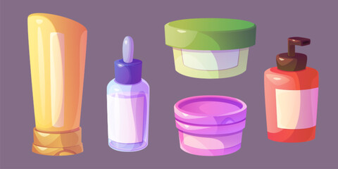 Cosmetic product bottles set isolated on background. Vector cartoon illustration of plastic jar, tube, dispenser and pipette bottle, body skin care cream, lotion, face scrub, mask, hair shampoo