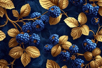 Floral botanical blackberry vines seamless repeating wallpaper pattern- rich gold and royal blue version