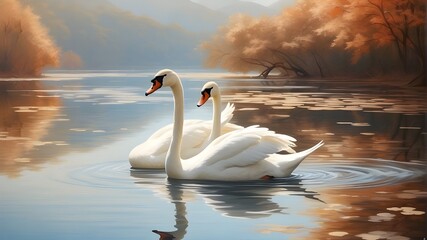  Two graceful swans gracefully gliding on a serene lake, their elegant forms reflected in the calm water. The scene captures the tranquility and beauty of nature. - obrazy, fototapety, plakaty
