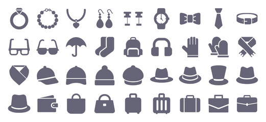 Accessory glyph flat icons. Vector solid pictogram set included icon as wedding ring, belt, hat, scarf, sunglasses, socks, backpack silhouette illustration for fashion. - obrazy, fototapety, plakaty