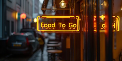 Food to Go Neon Sign hung on a dark wall