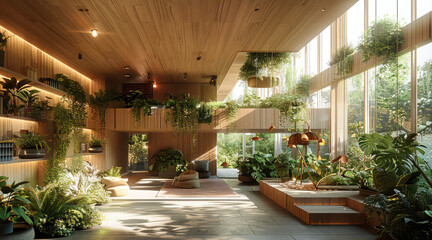Architectural vertical ecological agriculture centre, wood walls, pendant plants. Generative AI. - 781836397