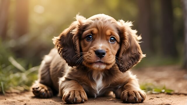 A lively and joyful English Cocker Spaniel puppy captured in action, exuding vibrancy and happiness. The puppy is depicted in a playful pose, showcasing its energetic and cheerful personality.