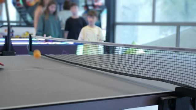 close up view to the table while playing ping pong table tennis sport, pingpong ball bounce on the table