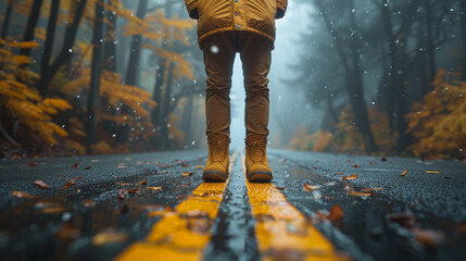 Happy man standing on road in front of trees.