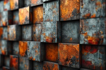 Industrial metal rusty background texture, Cube shape elements pattern.