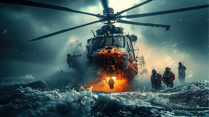 A dramatic sea rescue operation during a storm, with a combat helicopter lowering a rescue swimmer to a sinking ship. Generative AI.