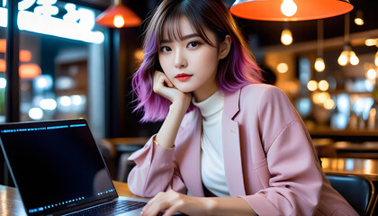 Beautiful and cute female model with shiny stylish colorful hair is using computer in cafe.光沢のあるスタイリッシュでカラフルな髪を持つ美しくてかわいい女性モデルがカフェでコンピューターを使用している