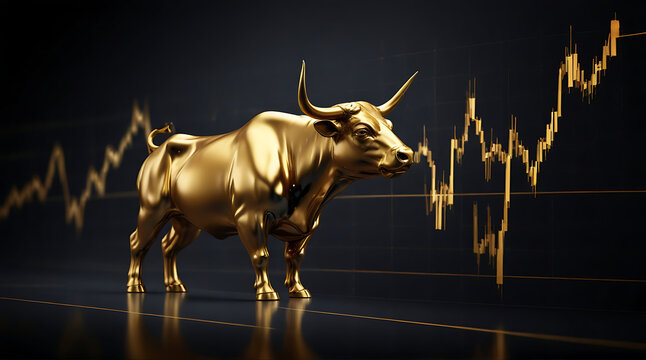 A golden bull in side of stock market chart award in gold and black color with copyspace area as wide banner, dark background, abstract style, XAU