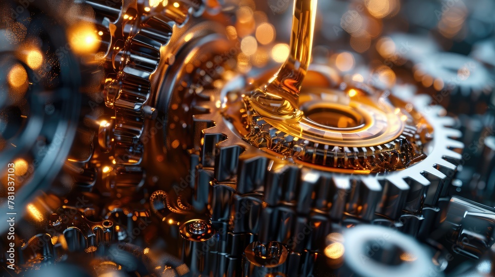 Poster 3d rendering of a gear with oil pouring on it, an engine oil and gears closeup. gears with a golden 
