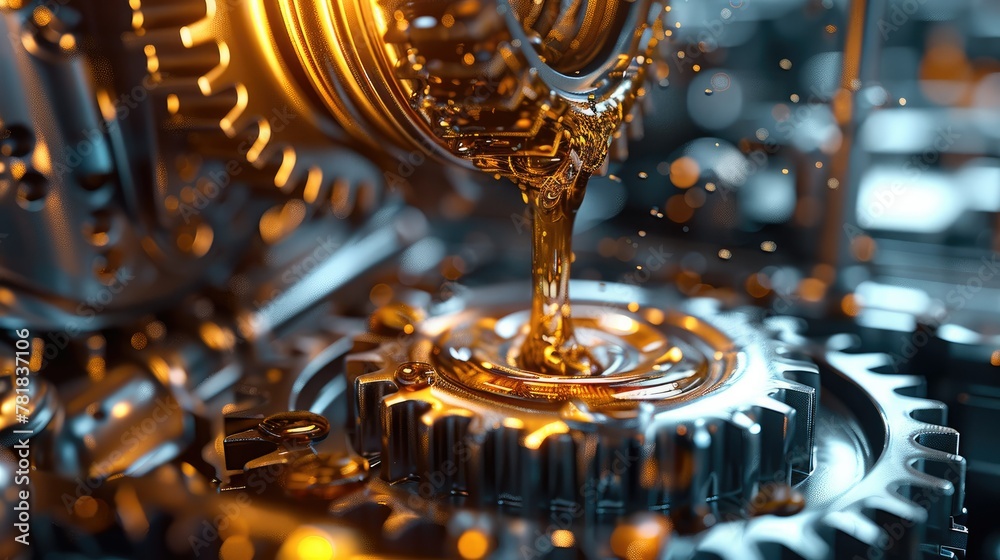 Poster 3d rendering of a gear with oil pouring on it, an engine oil and gears closeup. gears with a golden 