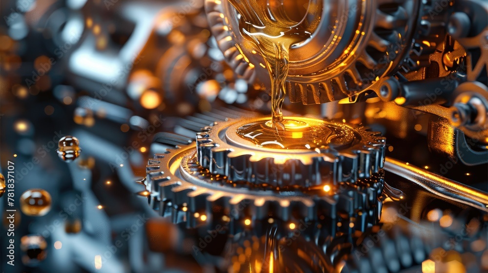 Poster 3d rendering of a gear with oil pouring on it, an engine oil and gears closeup. gears with a golden 