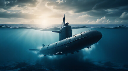 Dramatic shot of a Generic military nuclear submarine floating in the middle of the ocean while shooting an undersea torpedo missile, wide banner with copy space area, submersible - obrazy, fototapety, plakaty