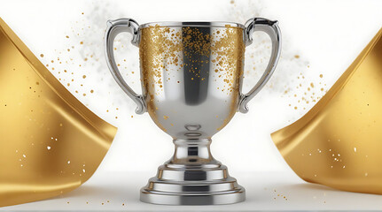 Championship cup or winner trophy in golden and silver shiny chrome with celebration confetti and ribbon decoration as wide banner with copy space area, on isolated backgrounds, silver