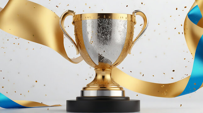 Championship cup or winner trophy in golden and silver shiny chrome with celebration confetti and ribbon decoration as wide banner with copy space area, on isolated backgrounds, white