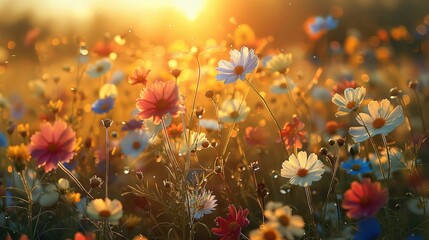 A bouquet of vibrant wildflowers basking in the soft morning light, swaying gently in a meadow breeze. Generative AI.
