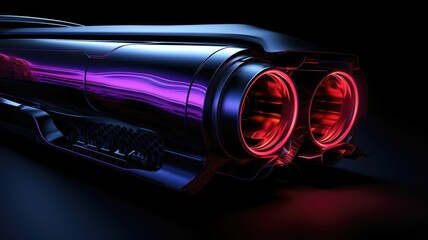 Neon-lit exhaust system modification in a high-performance car against a black backdrop - obrazy, fototapety, plakaty