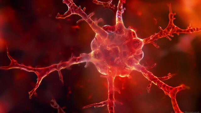 A closeup of a single red algae cell showing its unique starlike shape and bright red color. The cell has multiple branches extending . AI generation.
