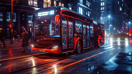 An electric bus gliding silently through the city streets, with passengers looking out the windows at the sights and sounds of urban life passing by. - obrazy, fototapety, plakaty