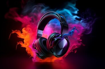 Fototapeta na wymiar Stereo headphones exploding in festive colorful splash