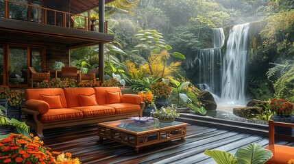 A wooden cabin with orange sofas, an outdoor coffee table surrounded by colorful flowers and plants, overlooking the water in front of it, and behind is a waterfall. Generative AI. - obrazy, fototapety, plakaty