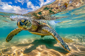 Foto op Plexiglas An endangered Hawaiian Green Sea Turtle cruises in the warm waters of the Pacific Ocean in Hawaii © Surasak