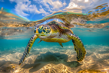 An endangered Hawaiian Green Sea Turtle cruises in the warm waters of the Pacific Ocean in Hawaii - obrazy, fototapety, plakaty