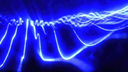 Blue energy glowing magic stripes waves lines high technology digital with light beams from energy particles. Abstract background