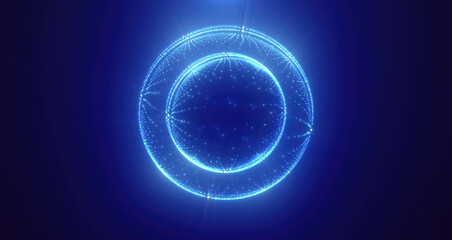 Blue energy magic circle sphere ball of futuristic waves and lines of particles of atom energy and electricity. Abstract background